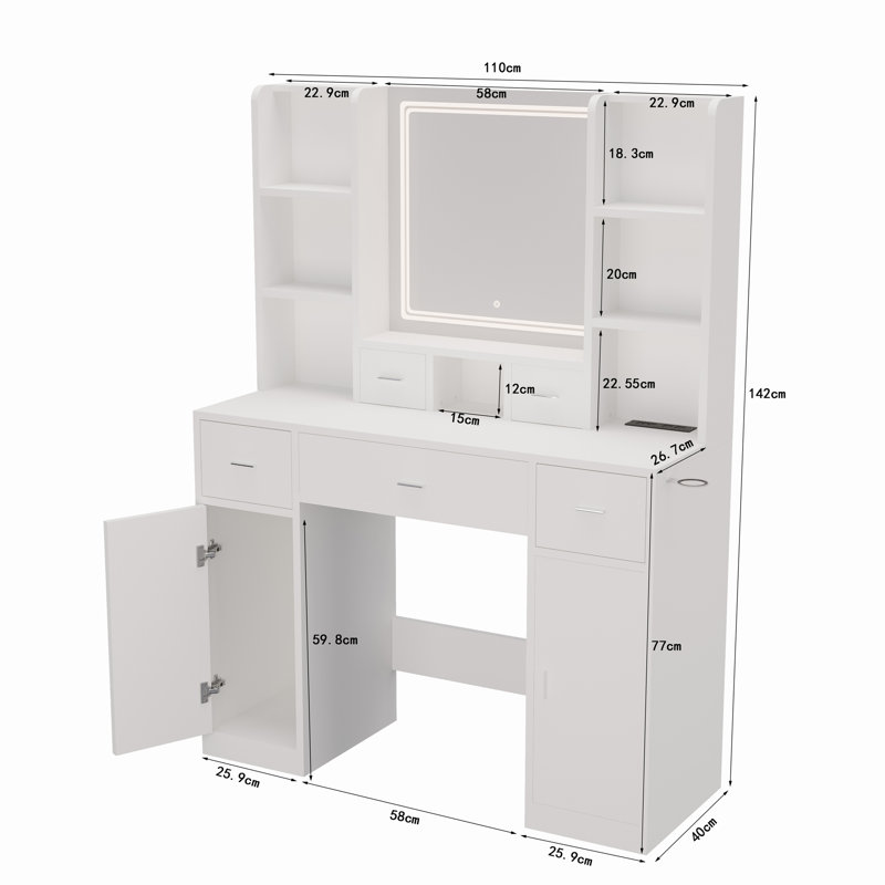 The vanity with LED mirror is equipped with a hair dryer rack, and the vanity in the bedroom and dressing room is equipped with a dressing pad