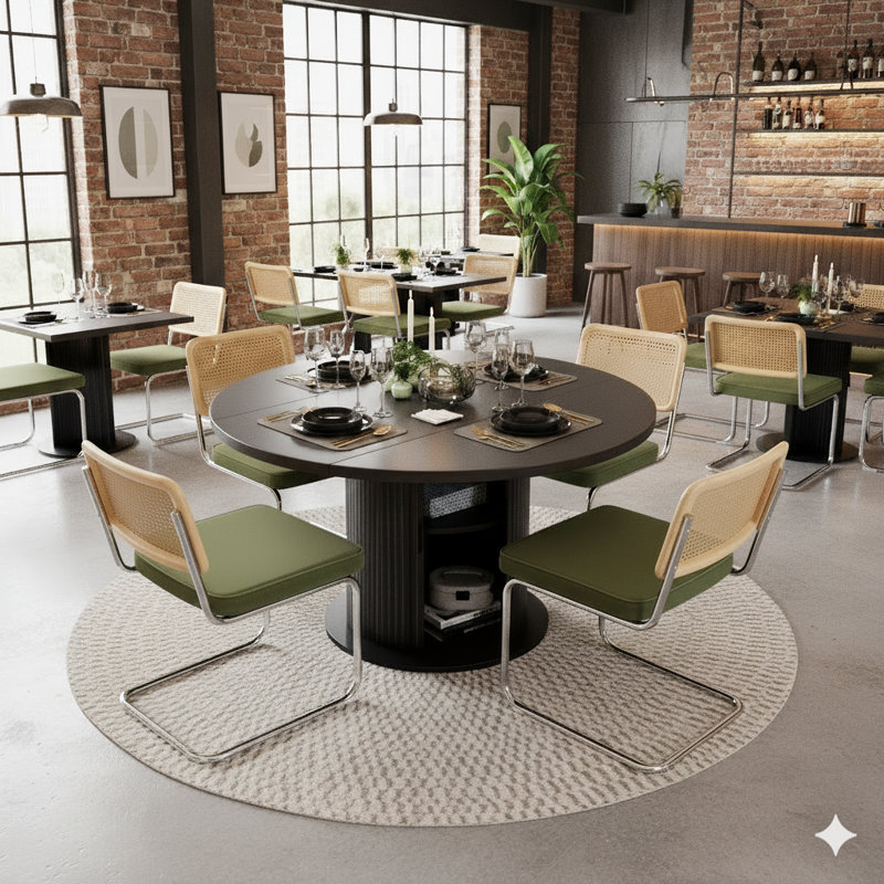 5-piece Round Pedestal Dining Set With Cane Back Cantilever Chairs, Green