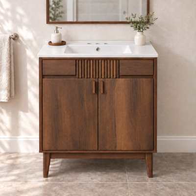 30" Mid-Century Modern Single Bathroom Vanity with Ceramic Sink, Soft-Close Doors and Solid Wood Legs