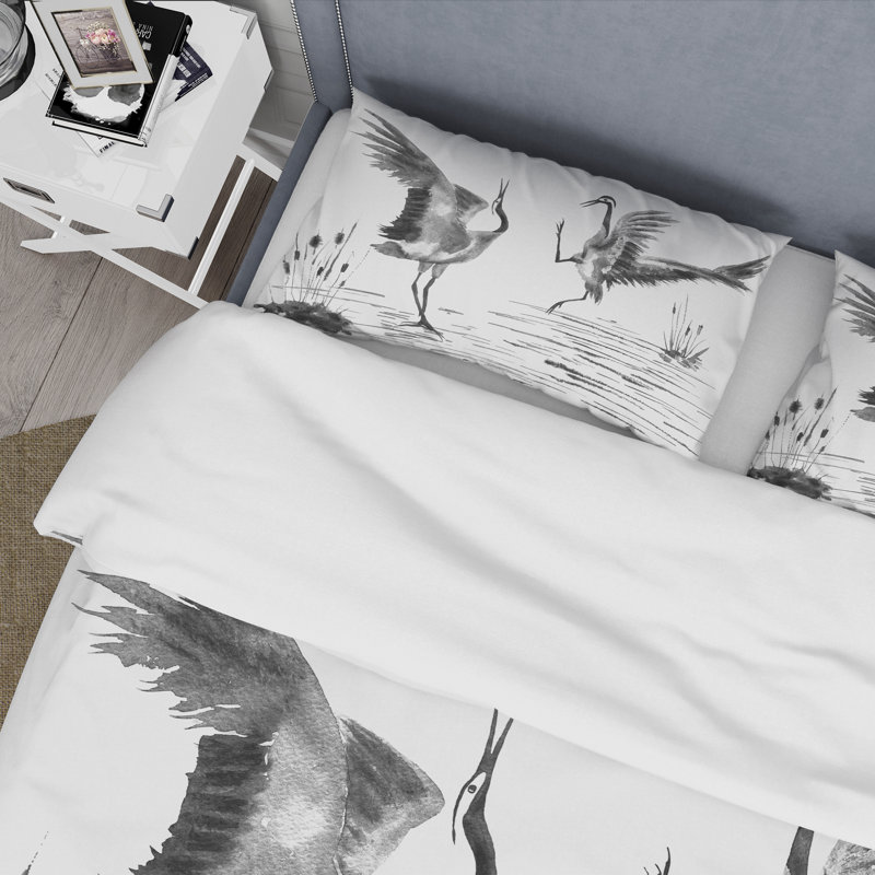 Deux grues japonaises amoureux - ensemble de housse de couette traditionnel - microfibre de polyester