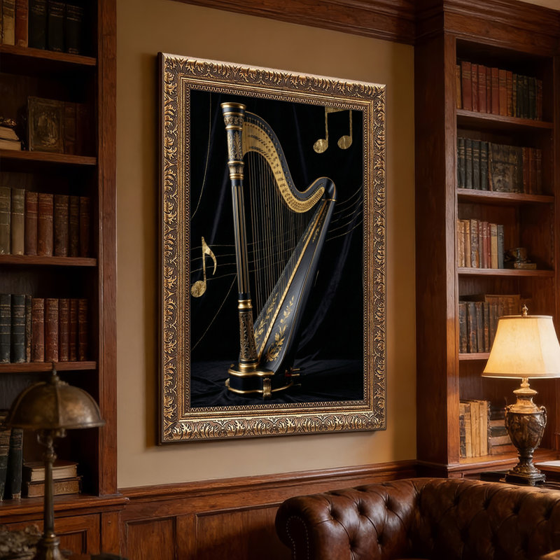 Art mural en toile noyer doré encadré pour salon, chambre à coucher, bureau ou vestibule - décoration murale décorative avec musique de harpe
