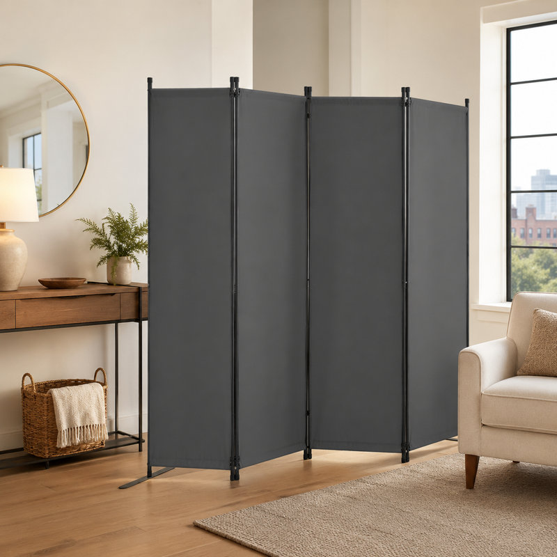 Paravent en tissu gris de 89,85 pouces de long à quatre plis, placé indépendamment, avec des cloisons de blocage universelles pour les chambres à coucher, les salles à manger et les bureaux