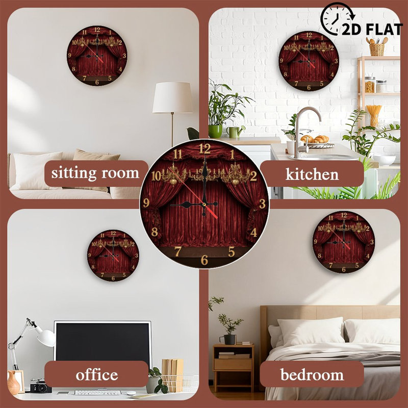 Horloge sur lustres à rideaux rouges
