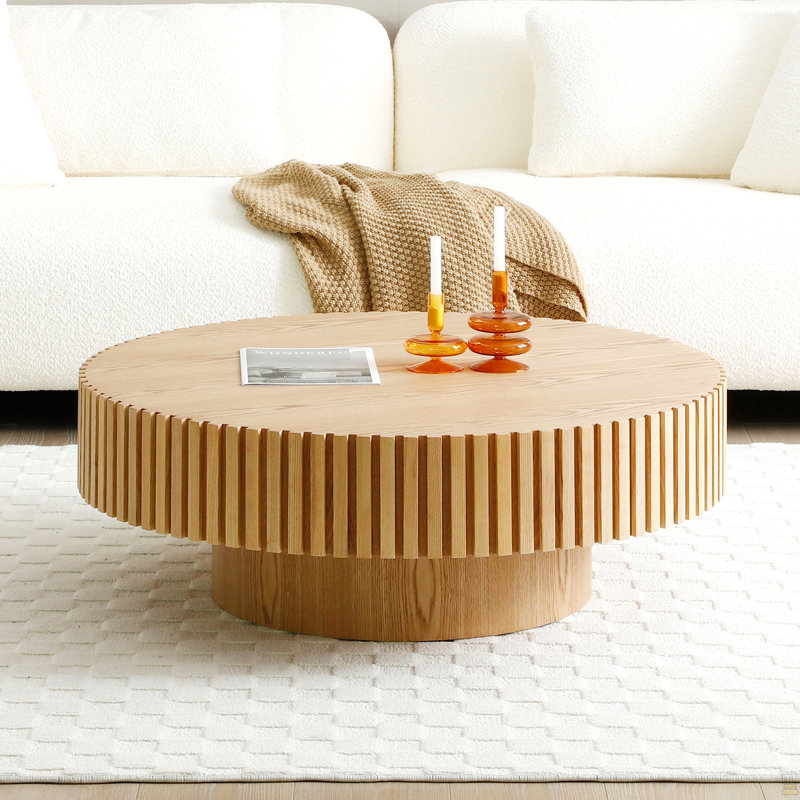 Table basse ronde en bois 35,43 po, Bois de frêne naturel