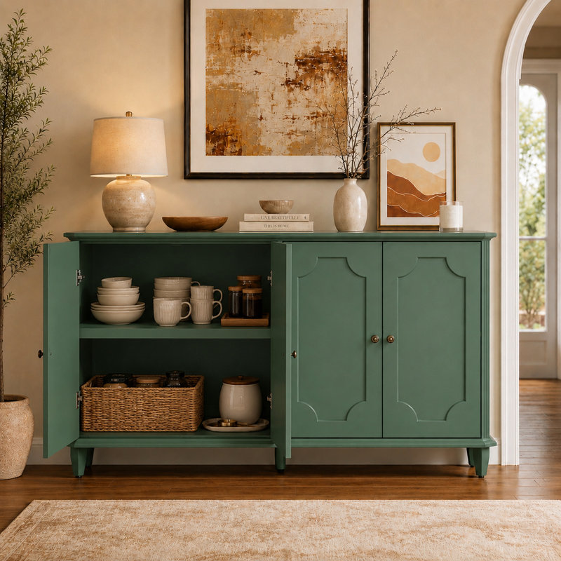 Buffet de style champêtre vert de 63 pouces avec 4 portes, charnières à fermeture douce, panneaux décoratifs et pieds fuselés surélevés