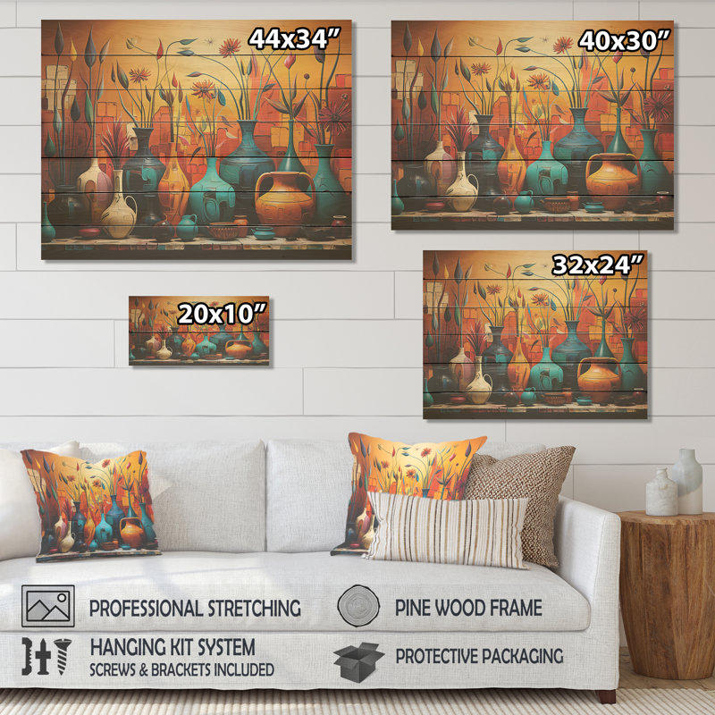 Orange Boho Pottery Expressions I - Boho Pottery sur impression de bois, H 24 po x l 32 po