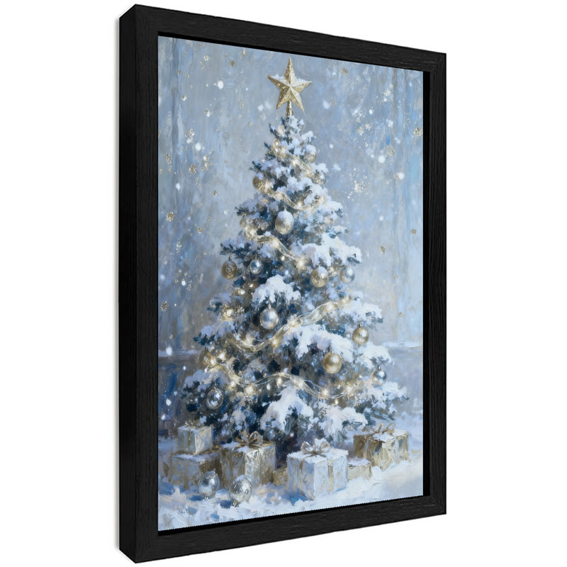 Reproduction d'art encadré noir, arbre de Noël et cadeaux d'hiver rétro, H 37 po x l 25 po