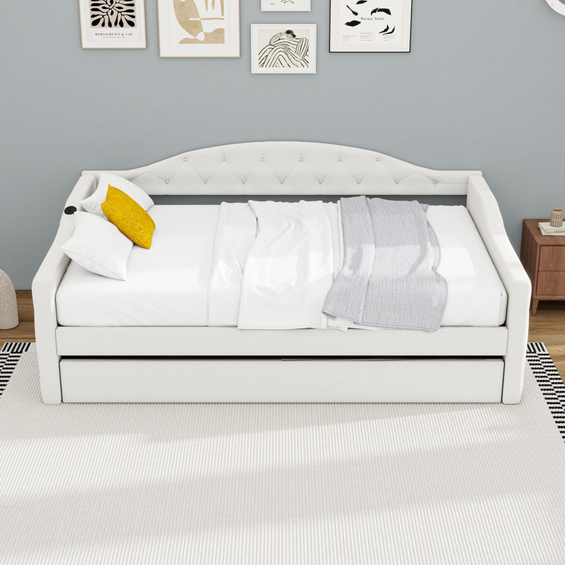 Twin Wooden Upholstered Daybed with USB, Type-C Charging Ports, Trundle and Slats, Beige