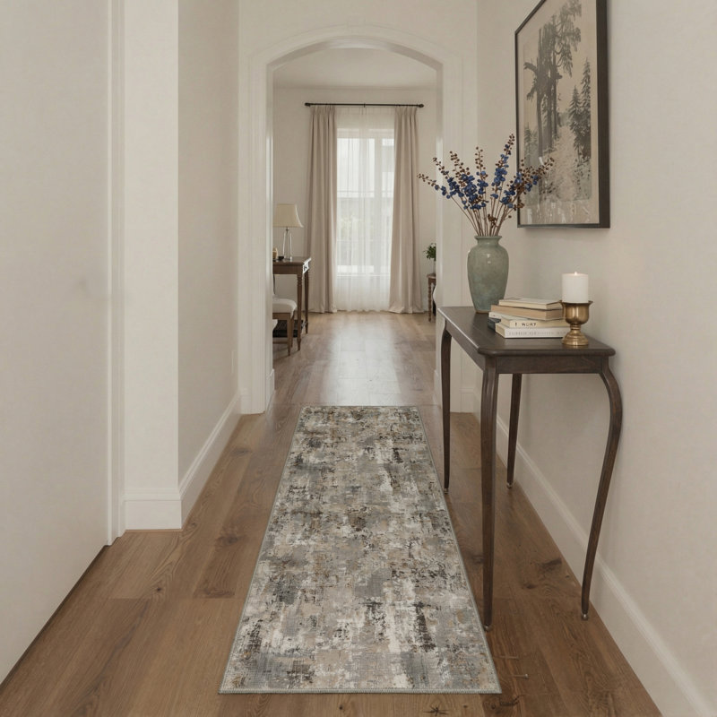 Ebon Abstract Machine Washable Grey / Brown Indoor Area Rug with Non-Slip Backing, Runner 2' x 6'