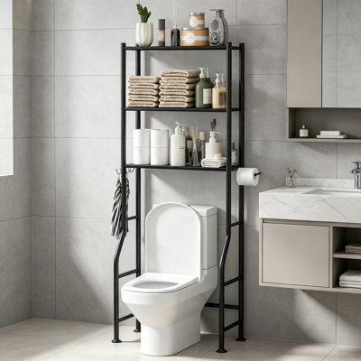 Étagère de salle de bain autoportante à 3 niveaux pour toilettes, noire, hauteur 162,5 cm, conception anti-basculement | Mécanisme de sécurité antibasculement, capacité de charge de 68 kg, construction en acier au carbone, installation sans perçage, surface résistante à la rouille, porte-papier hygiénique et 4 crochets de suspension utilitaires