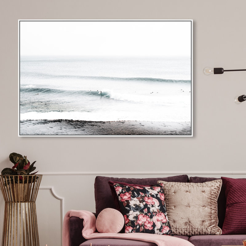 «Nautical and Coastal Wave Beach», reproduction d'impression sur toile, Cadre flottant blanc, H 36 po x l 54 po x P 1,5 po