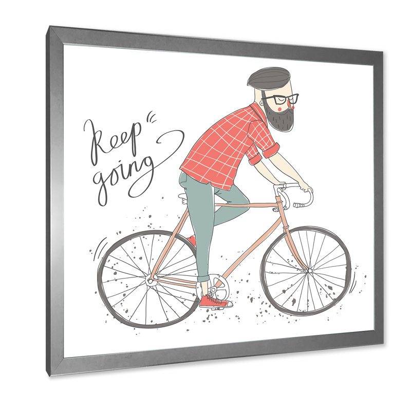 Hipster Man On A Bicycle - reproduction d'art sur toile encadrée, H 30 po x l 30 po x P 1 po, Encadrement argenté
