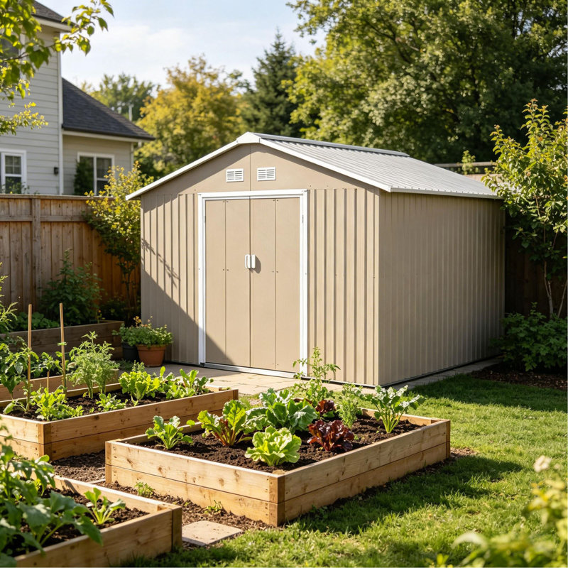 Durable Outdoor Storage Shed with Four Strategically Placed Vents,Backyard Tools Storage Shed,Garden Metal Shed, Light Gray