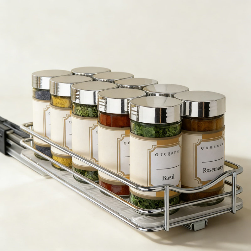 Support à épices coulissant pour armoires de cuisine - Tiroir coulissant robuste avec système de roulement à billes Plus 2 pour un accès facile et un rangement vertical