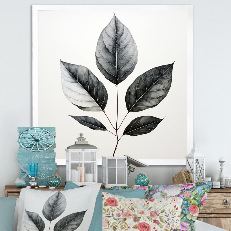 Contour de feuille d'onyx noir sur toile, Cadre simple blanc, H 36 po x l 36 po x P 1,5 po