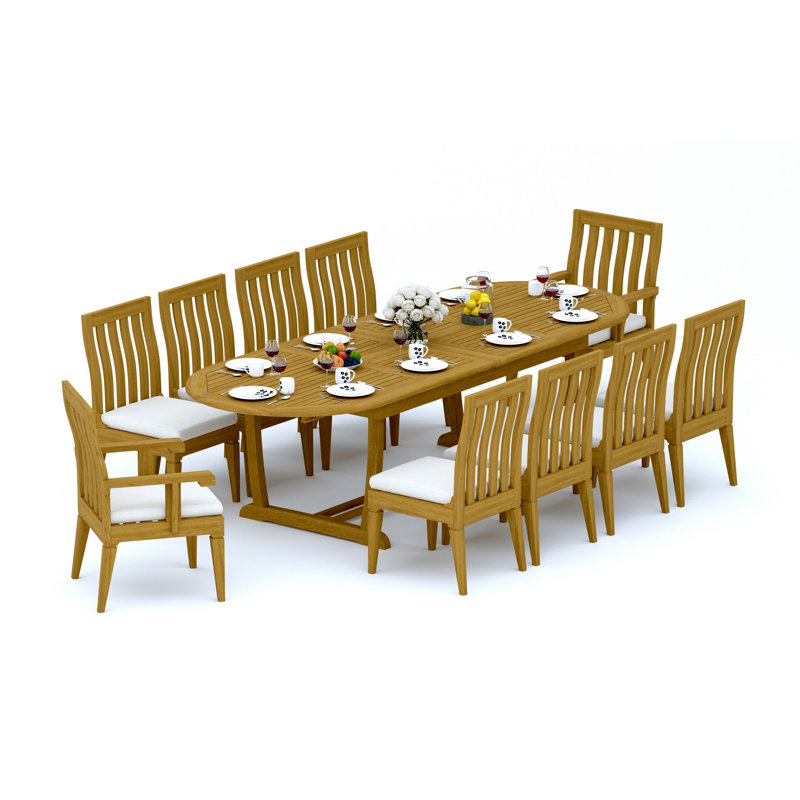10 Seats 11 Pcs Grade-A Teak Wood Dining Set: 118" Double Extension Mas Oval Trestle Leg Table And 10 Caranas Chairs (2 Arm & 8 Armless Chairs) #11Ca2702
