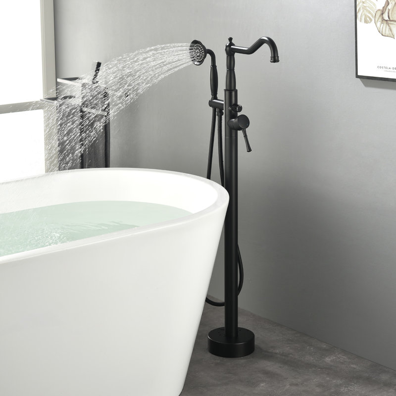Freestanding Bathtub Faucet Tub Floor Mount Bathroom Faucets Brass Single Handle with Hand Shower, Matte Black