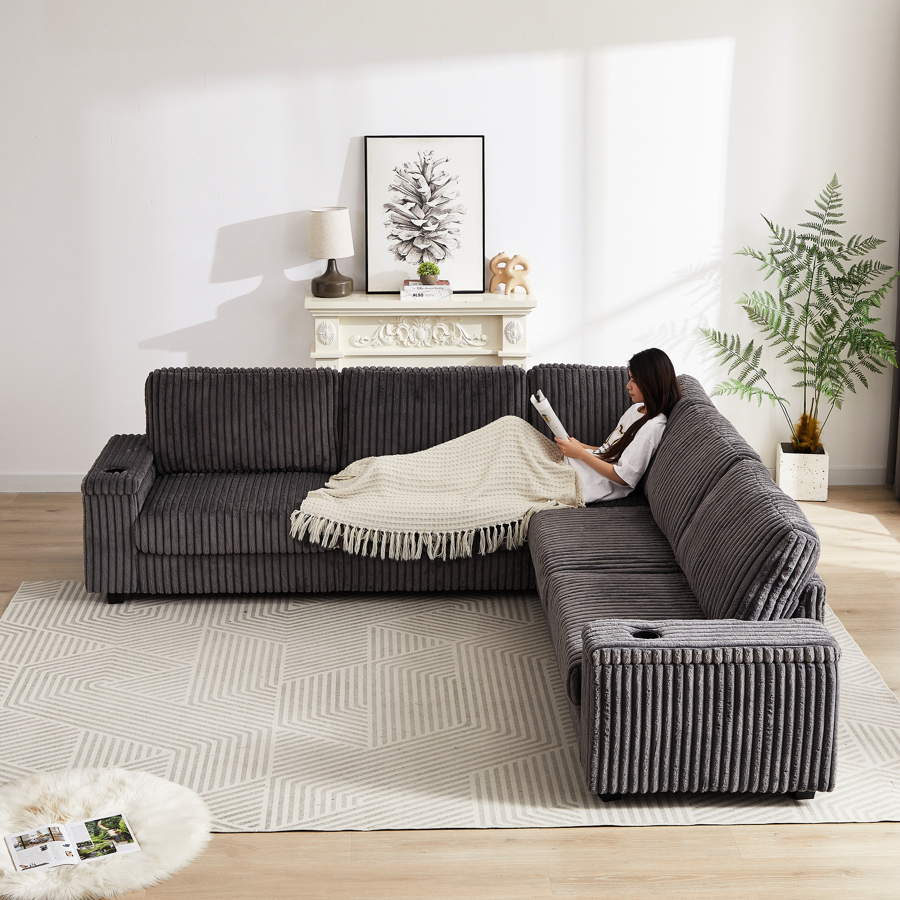 Mercer41 Oversized Grey Corduroy 5 Seat L Shaped Corner With Storage ...