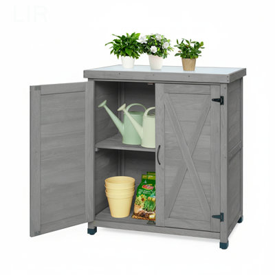 Potting Bench With Storage Cabinet And Metal Table Top For Outdoor Patio,Outdoor Work Station Table