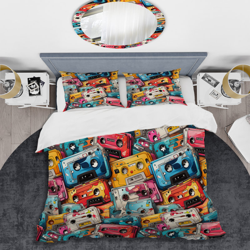Motif de cassettes Graffiti Pop Art, Housse de couette pour très grand lit et 2 très
