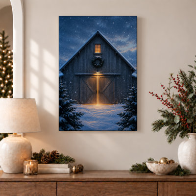 " Large Wooden Barn With Lit Doorway In Snow Christmas " Painting
