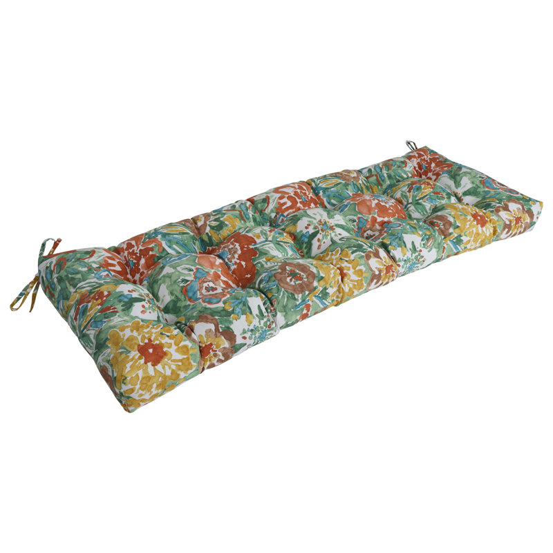 Tufted Outdoor Bench Cushion, 55" W x 19" D, White/Sun River Mist Floral
