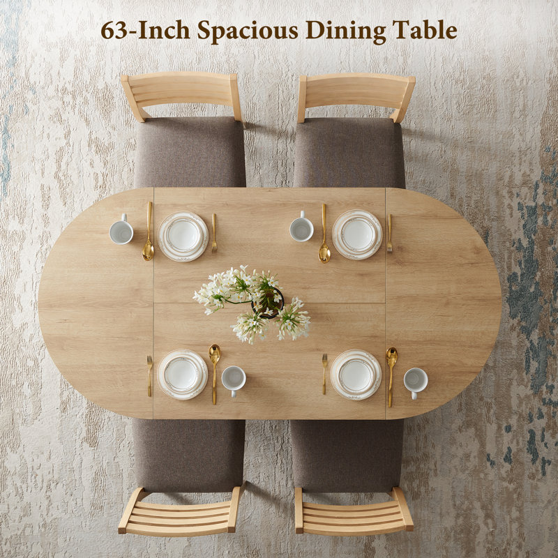 63" Fluted Oval Dining Table Double Pedestal Kitchen Table For 4-6 With Thickened Edge & Semi-Cylindrical Base, Natural Oak