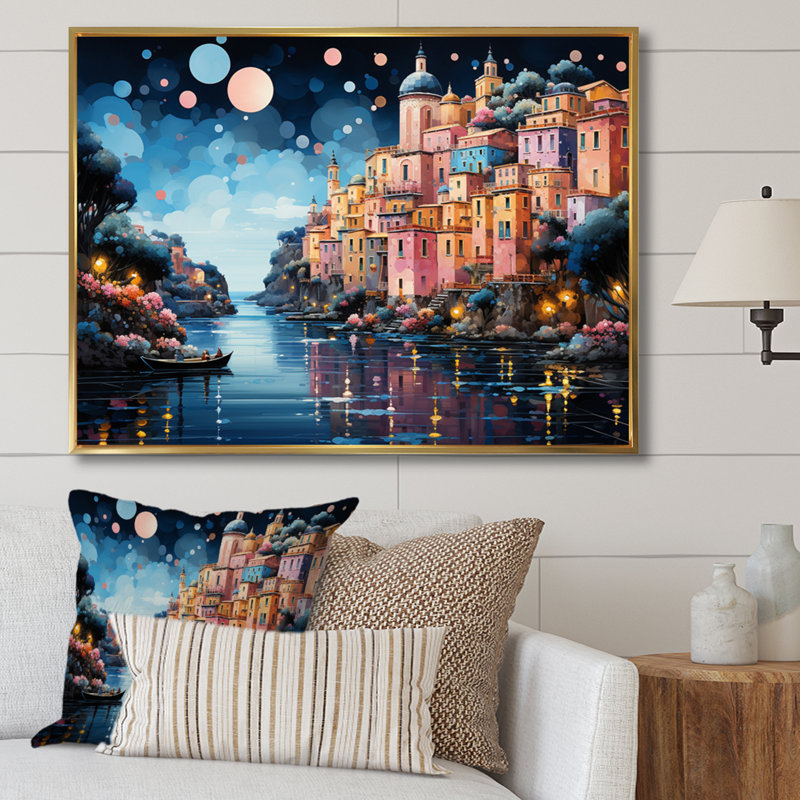 Colourful Italy Capri Dreams - Italy Wall Art Living Room, 34" H x 44" W, Cadre flottant doré