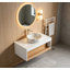 Meuble-lavabo flottant de 36 po avec lavabo vasque en marbre veiné doré, meuble-lavabo mural avec tablette ouverte, finition blanche avec décor en bois, conception moderne peu encombrante (livré en 2 boîtes)