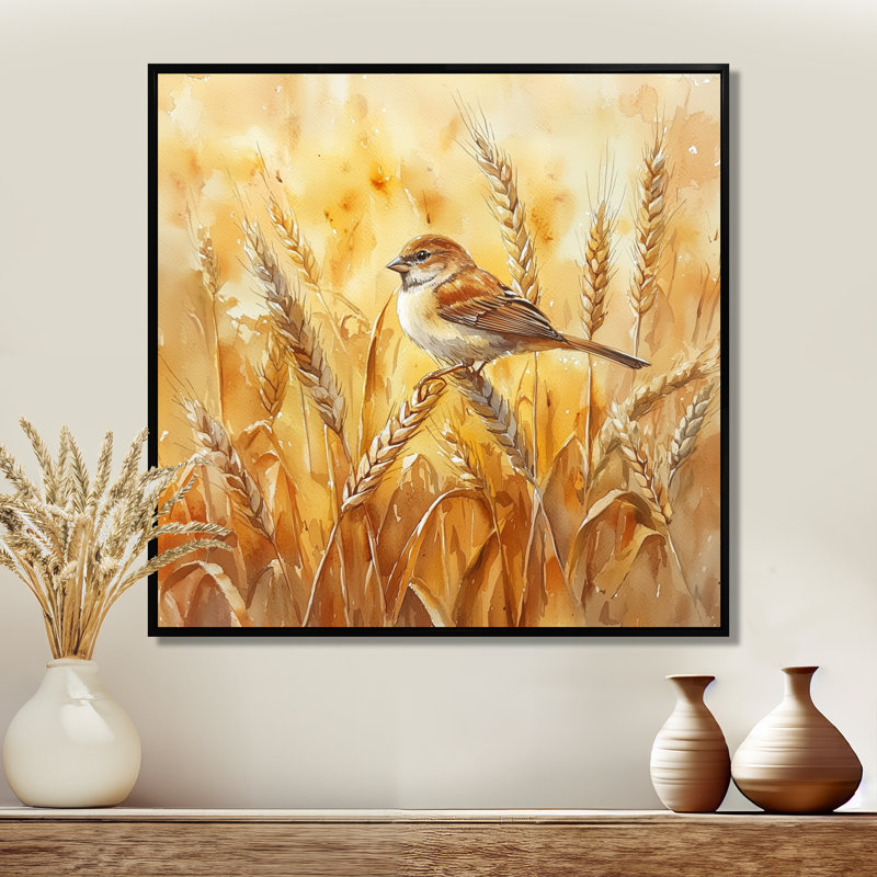 Moineau domestique dans un champ II - oiseau, art mural, Impression encadrée flottante, Noir, noir, noir, noir