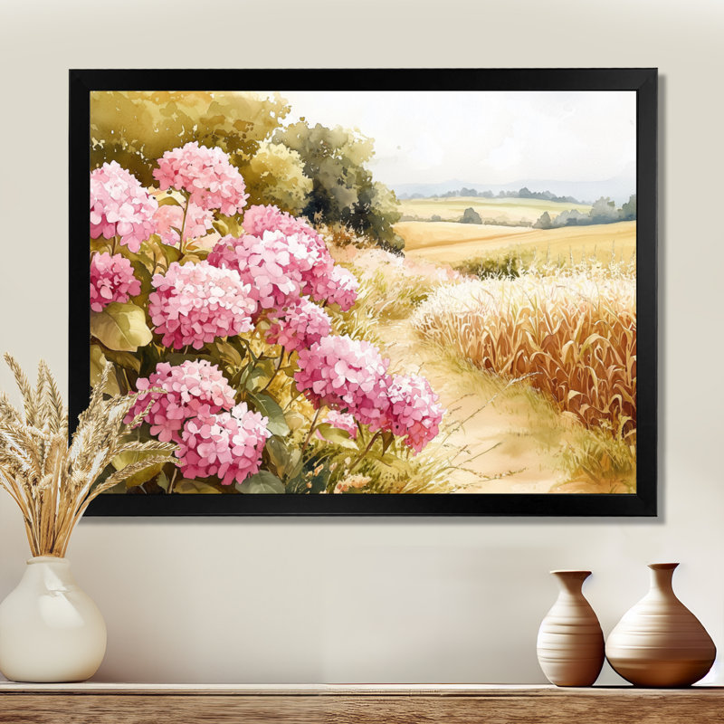 Hortensias dans le champ de maïs - hydrangées, décoration murale, Reproduction encadrée d'une seule photo sans pass, Noir