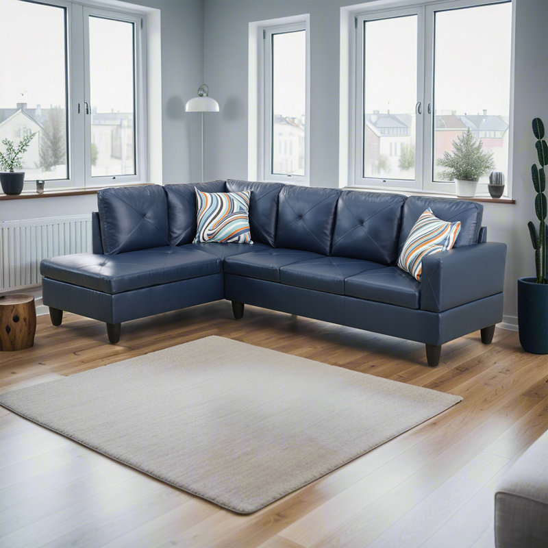 Delayna Faux Leather Sectional, Black, Left Hand Facing, Blue Faux Leather
