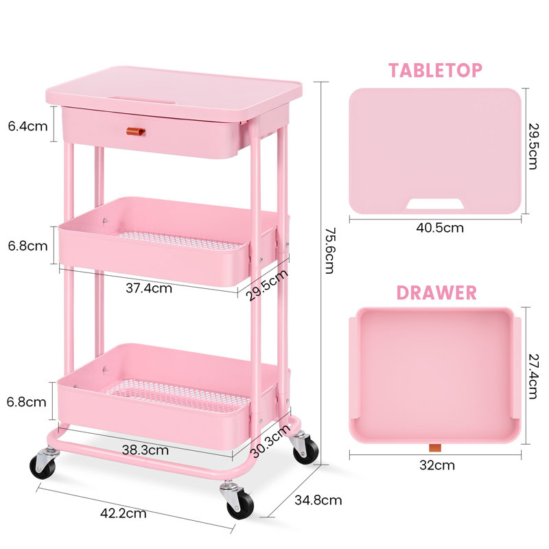 Utility Cart with Wheels,Metal Cart,3 Tier Rolling Cart With Drawer & Table Top,Bathroom Cart,Salon Trolley Cart,Kitchen Storage Cart
