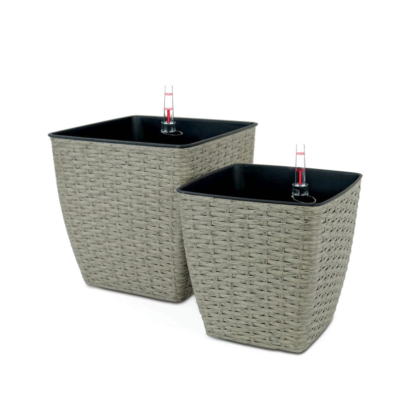 2-Pack Self-Watering Planter - Hand Woven Wicker - Thin Square