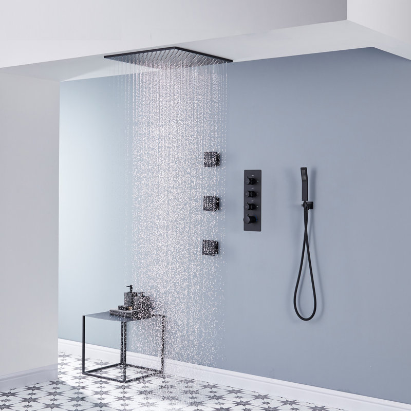 Système de douche thermostatique 3 fonctions avec 3 jets de corps et valve brute AquaRhapsody, Noir mat