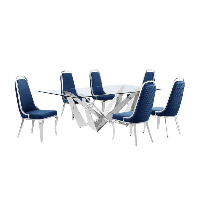 Ensemble de salle à manger rectangulaire L 94 po x l 46 po, 7, Bleu marin / Argent, Argent