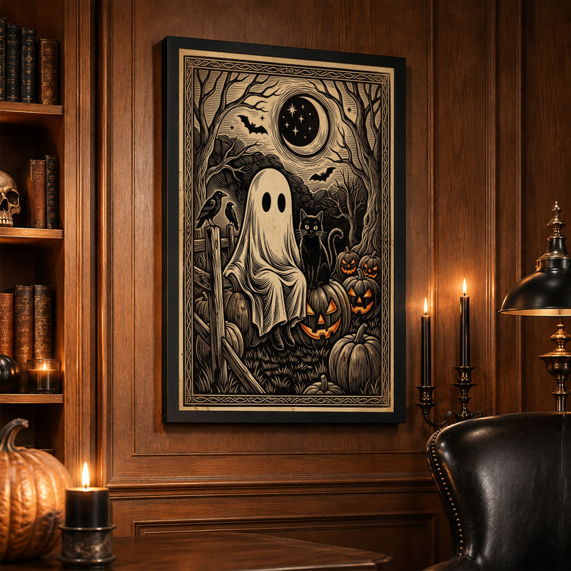 Art mural rétro sur toile, fantôme et chat noir avec citrouilles, 18"H x 12"W