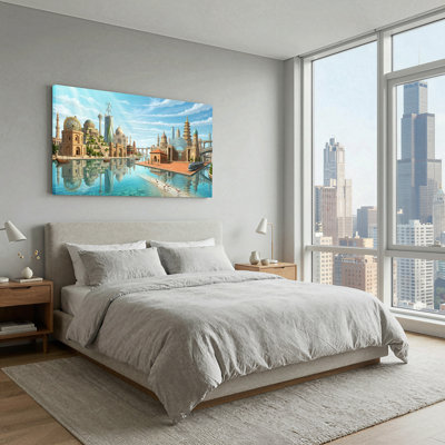 Global Architectural Styles Reflected in Turquoise Water Canvas Wall Art 47 x 24 x 1.5 Inch