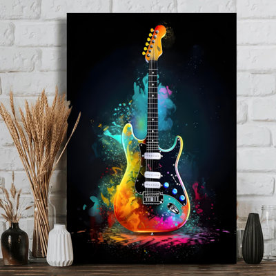 Colorful Electric Guitar with Paint Splashes Digital Art Wrapped Canvas Print - 24x36x1