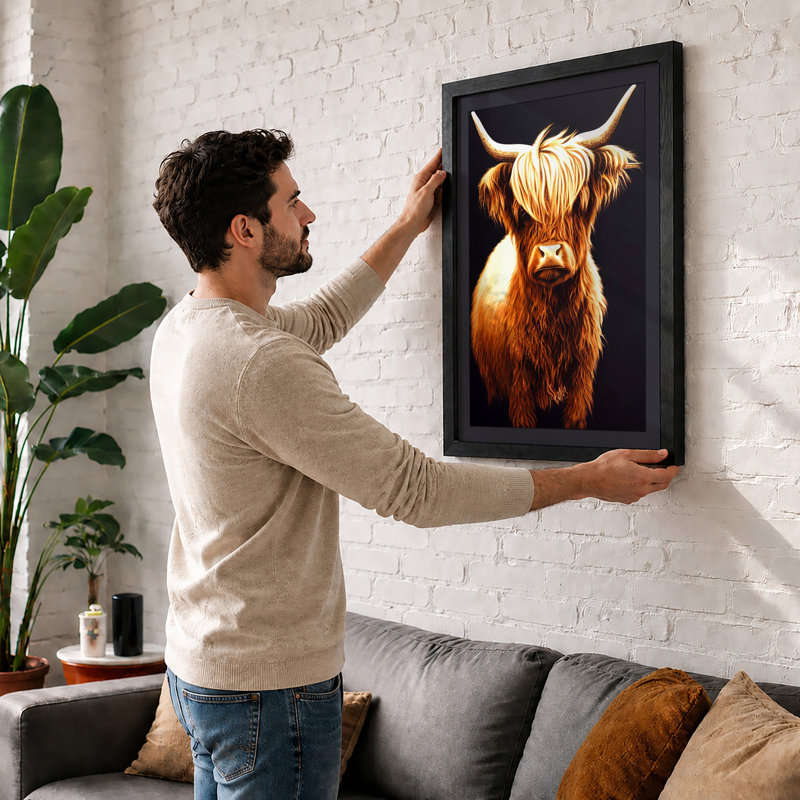 Highland Cattle Portrait Rustic - Print, A2 - 59.4 x 42.0 cm, Black