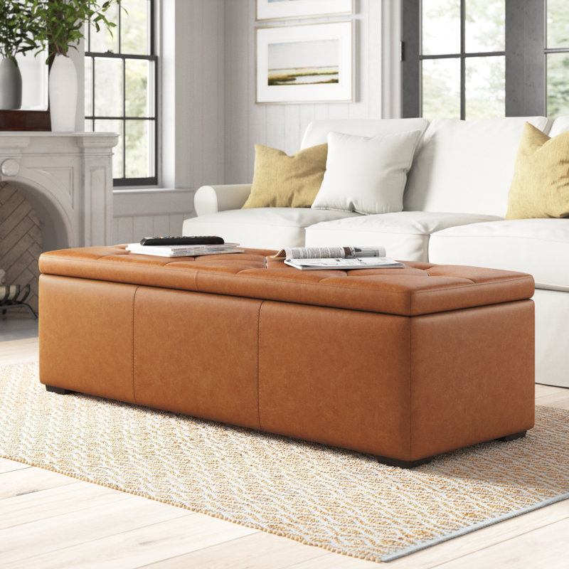 Lakeport Full Grain Genuine Italian Leather Storage Ottoman, Cognac Tan Genuine Leather