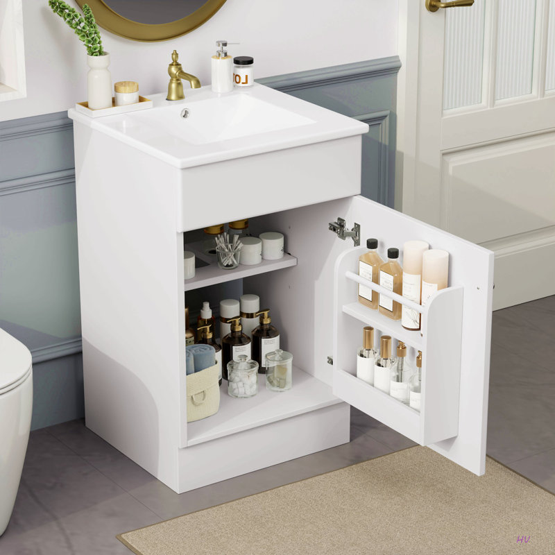 Meuble-lavabo de 20 po avec lavabo, meuble-lavabo avec tablette de porte et tablette réglable, Blanc / argent