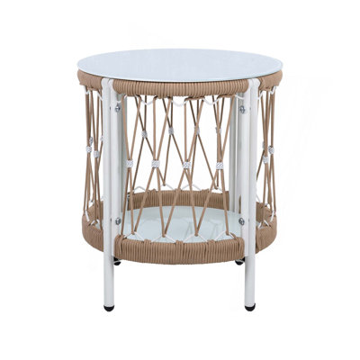 17.32" Bohemian Garden Accent Outdoor Side Table - Handwoven Rope With Powder-Coated Steel Frame, Glass Top, Small Patio End Table For Drinks, Plants