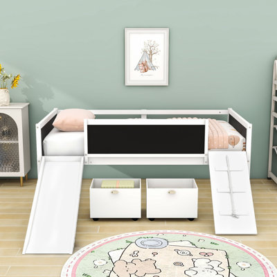 Twin-Size Loft Bed With Climbing Frame, Slide, And Creative Chalkboard