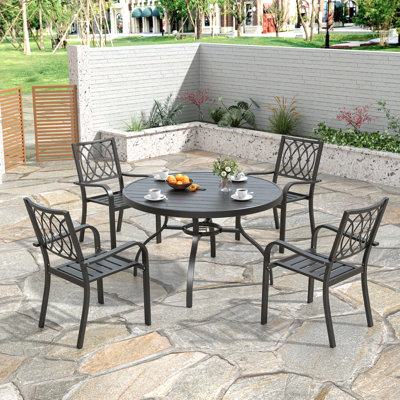 5-Piece Outdoor Patio Dining Set with 47-Inch Wood-Grain Slat Table, 4 Stacking Metal Chairs, and Rustproof Design for Easy Assembly and Comfortable Seating