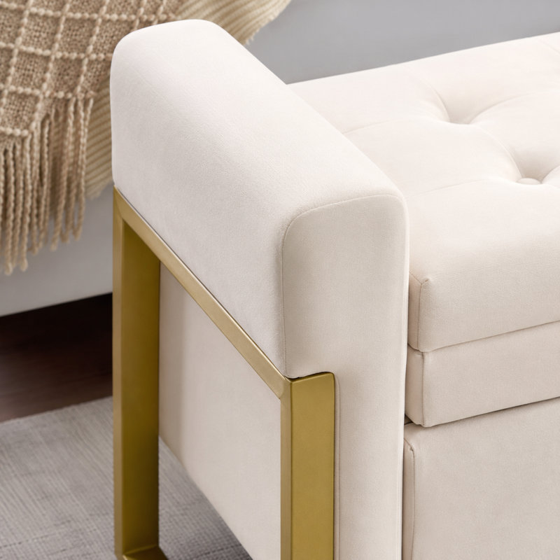 Banc de rangement en velours pour chambre à coucher, pieds dorés, Velours beige
