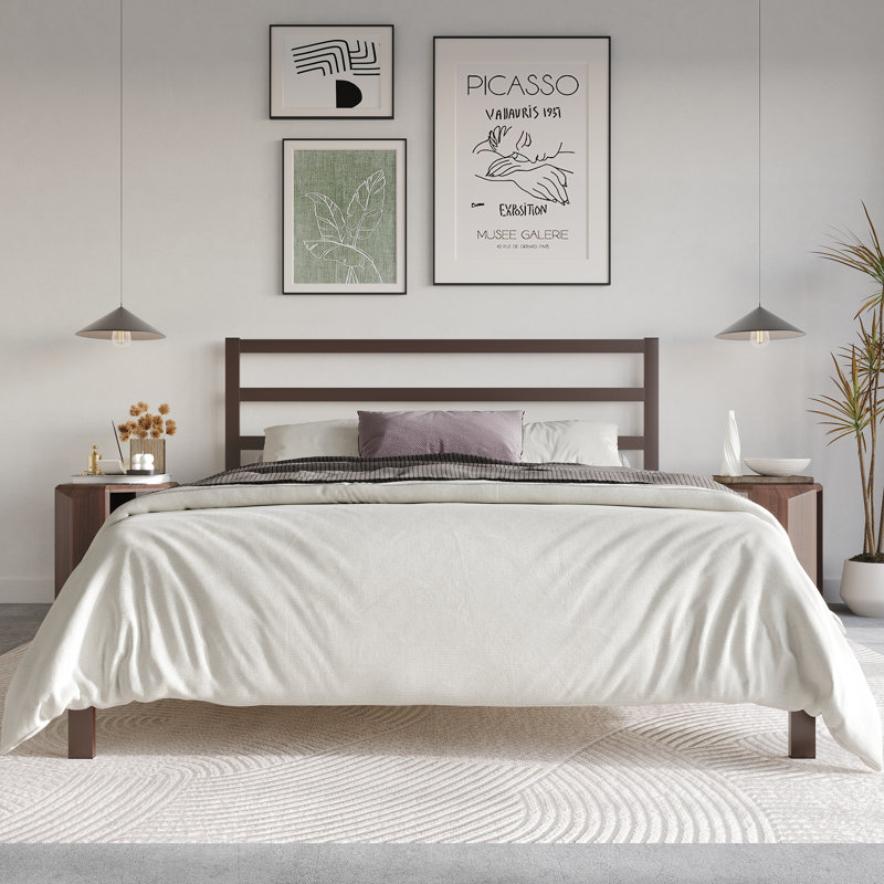 Deareon Upholstered Metal Platform Bed, Brown, Queen