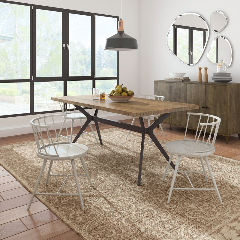 Breaux 70" Iron Gray Metal Base Dining Table And Low Back Windsor Chairs Set - Table And 4 Chairs, Silver Birch, Light Pine