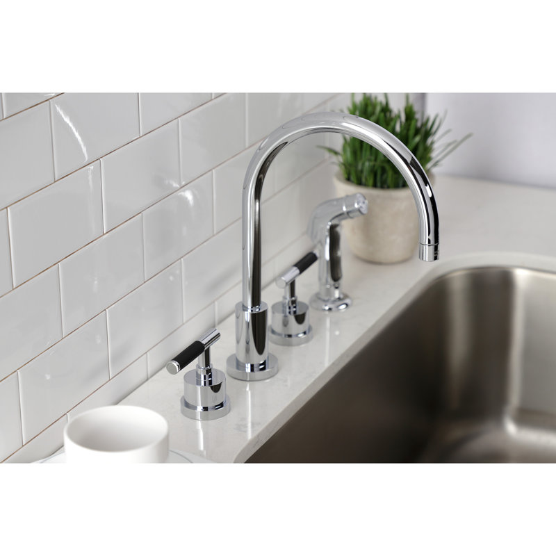 Kingston Brass Kaiser Double-Handle 4-Hole Widespread Kitchen Faucet with Plastic Sprayer, Brushed Nickel