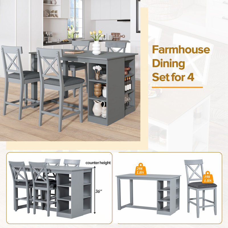 Counter Height Dining Table Set with 3-Tier Storage Shelves, Dark Grey, Grey, Grey